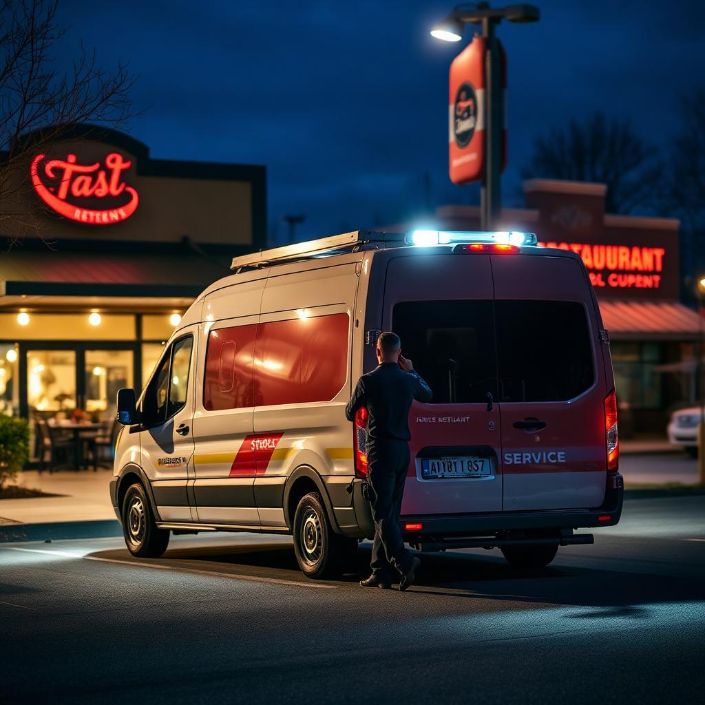 Van de servicio técnico llegando de noche a restaurante para emergencia HVAC – servicio de emergencias 24/7 0 Degrees Technical Services en Denver