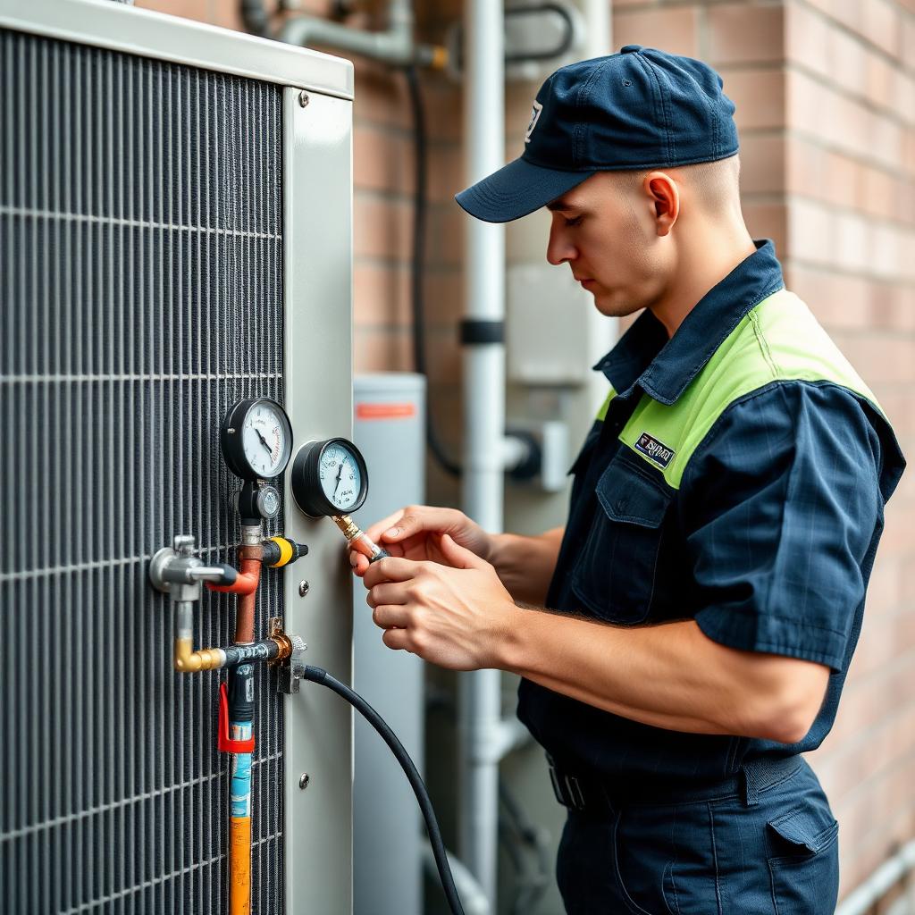 Técnico HVAC certificado revisando presión de refrigerante con manómetros en condensador – mantenimiento preventivo 0 Degrees Technical Services